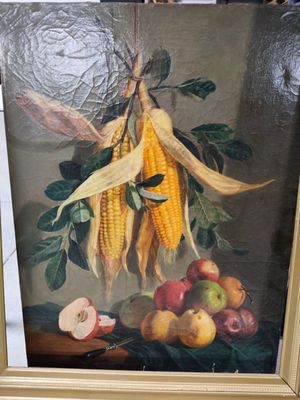 une photo d'un tableau représentant du maïs et des pommes posés sur une table