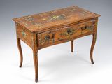 an old wooden table with a drawer on top of it