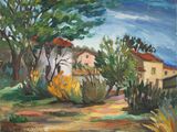 une image d'une peinture représentant une maison et des arbres dans un champ