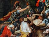 a painting of a man on a horse being carried by a group of people