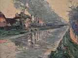 un tableau représentant un homme marchant sur un sentier au bord de l'eau