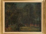 an image of a painting of a forest scene with a horse in the foreground