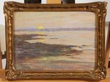 an oil painting of a sunset over a body of water