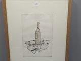 drawing of a bottle of wine on a table in a wooden frame