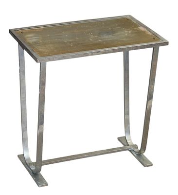 a metal table with a wooden top on a white background