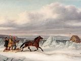 tableau représentant un homme à cheval tirant un traîneau dans la neige