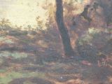 a painting of a man riding a horse in a wooded area