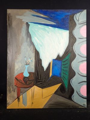 a painting of a vase on a table in a room