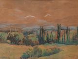 an image of a painting of a landscape with trees in the foreground