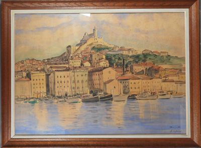 tableau représentant une vue d'une ville avec des bateaux sur l'eau