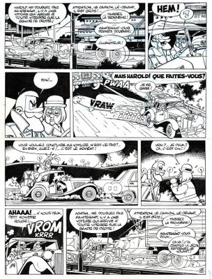 une bande dessinée en noir et blanc représentant un homme au volant d'une voiture