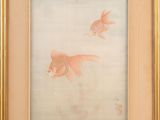 painting of two goldfishs in a gold frame on a white background