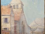 une peinture à l'huile représentant un bâtiment devant lequel se trouve une calèche