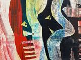 abstract painting of a man and a woman in front of a building
