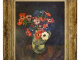une peinture à l'huile représentant un vase de fleurs sur une table