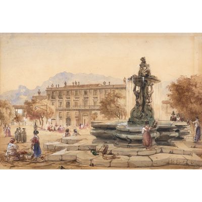 tableau représentant une fontaine ornée d'une statue sur une place entourée de passants