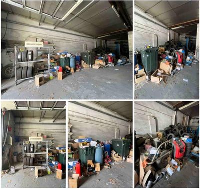 plusieurs photos d'un garage rempli d'une multitude d'équipements de toutes sortes