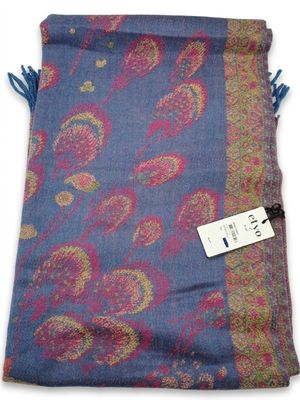a blue scarf with a pink paisley design on it
