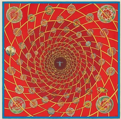 une image représentant un foulard carré rouge et jaune orné d'un motif circulaire
