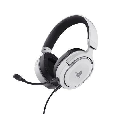 Le casque blanc est équipé d'un micro fixé à l'oreillette.
