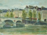peinture d'un pont sur une rivière avec des bâtiments en arrière-plan