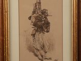 an old drawing of a woman carrying a child in her arms