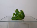 a green frog sitting on a glass shelf on a white wall