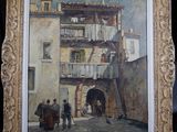 une image représentant un tableau où l'on voit une calèche devant un bâtiment