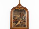 painting of a cross hanging on a wall next to a painting of a man on a cross