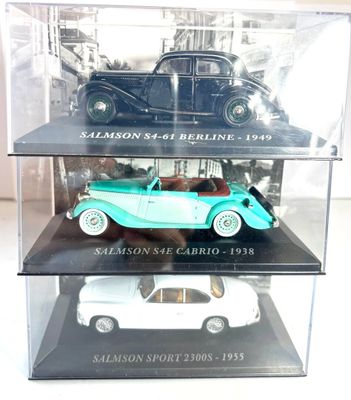 Lot de 3 voitures SALMSON dans leur boîte et sur socle comprenant une 