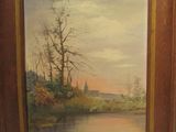 une peinture à l'huile représentant un paysage fluvial avec des arbres au premier plan