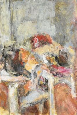 une peinture à l'huile représentant une femme assise sur une chaise avec un chien