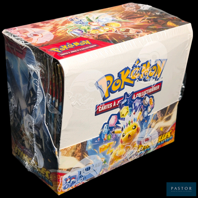a box of pokemon trading cards on a black background