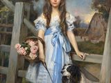 painting of a young girl in a blue dress holding a basket of flowers and a dog