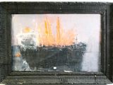 a painting of a boat on fire in a black frame