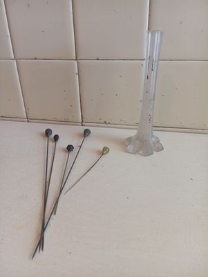 Ensemble de cinq piques à chapeau présentés dans un petit va…