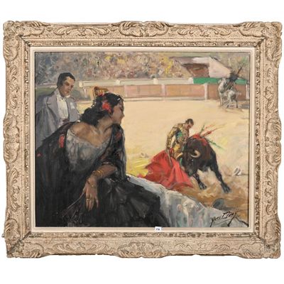 une image représentant un tableau illustrant une scène de corrida avec un homme et une femme