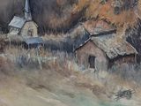 a watercolor painting of a church in a field