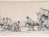 dessin représentant un groupe de personnes à bord d'un chariot tiré par des chevaux