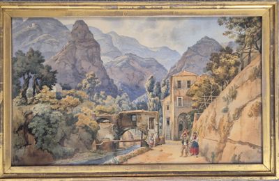une image représentant un tableau représentant un paysage de montagne avec un homme et une femme
