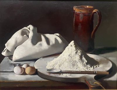 une peinture représentant un bol de farine et un sac d'œufs