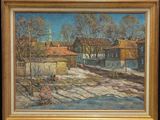 une peinture à l'huile représentant un village en hiver, avec de la neige au sol