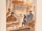 a picture of a painting of a bird on a table