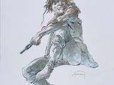 drawing of a woman with a gun in her hand and a hat on her head