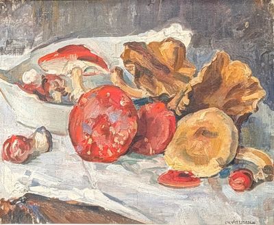 a painting of a bowl of fruit and vegetables on a table