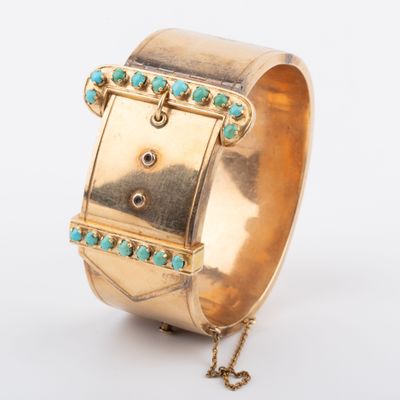 Bracelet manchette demi-jonc à charnière, turquoises en cabo… - Photo 1