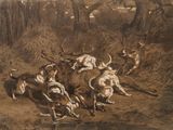 a painting of a group of dogs chasing a deer