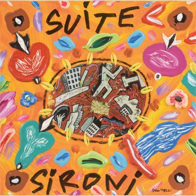 une peinture représentant une pizza entourée de divers types d'aliments
