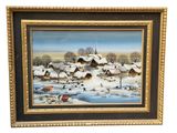 painting of a winter scene with a village in the background