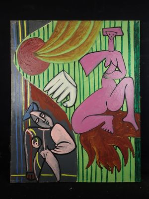 tableau représentant une femme en bikini assise sur un lit, à côté d'un tableau représentant un homme